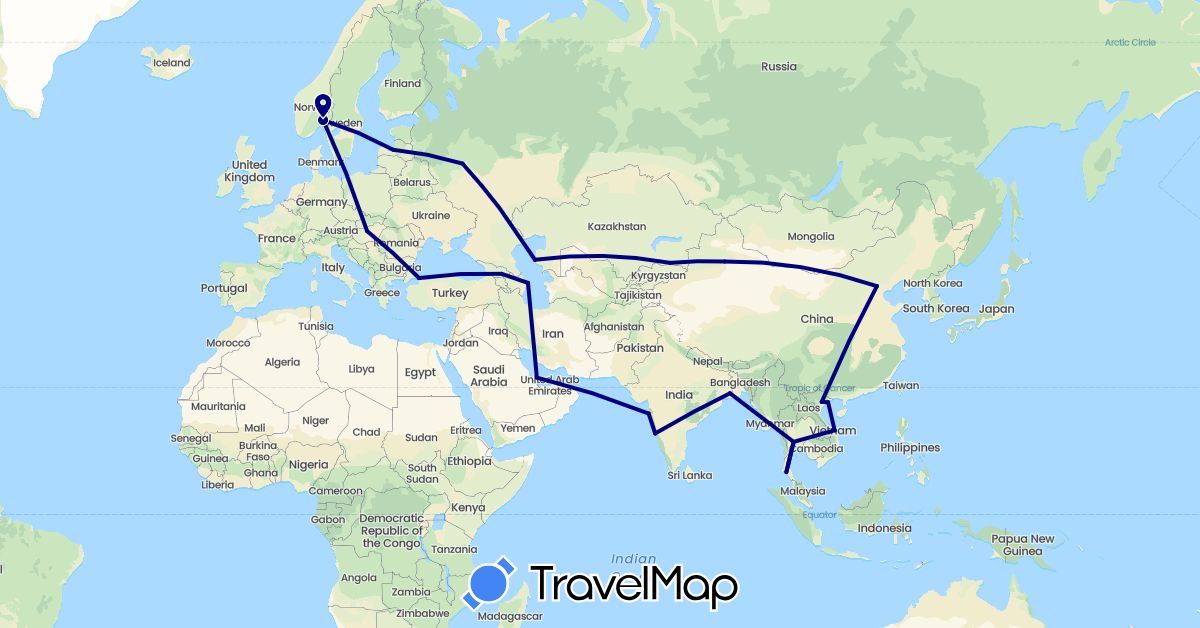 TravelMap itinerary: driving in Azerbaijan, China, Georgia, Hungary, India, Kazakhstan, Latvia, Norway, Qatar, Russia, Thailand, Turkey, Vietnam (Asia, Europe)